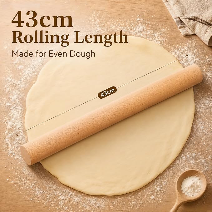 Wood Rolling Pin 16.9 Inch, Natural Beech Wood Non-Stick Rolling Pin for Baking, Wooden Dough Roller for Pizza, Pastry, Pie Crust, Cookies & Fondant, Essential Kitchen Baking Tool