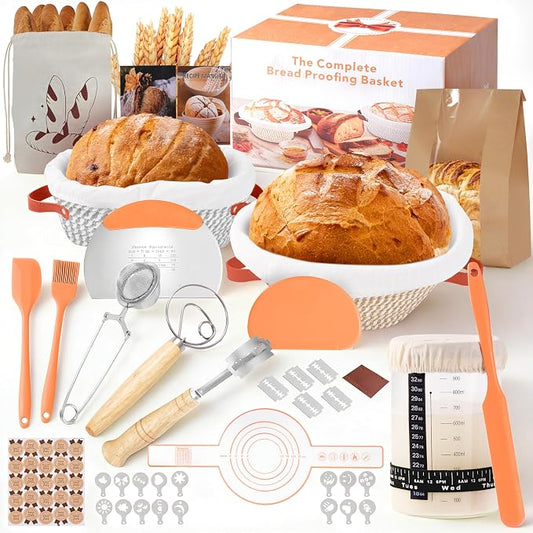 Sourdough Starter Kit, 9" Round and 10" Oval Banneton Bread Baking Supplies, Bread Making Tools Kit, Sourdough Proofing Basket, Sourdough Kit Gifts for Bakers Women Wife Mom