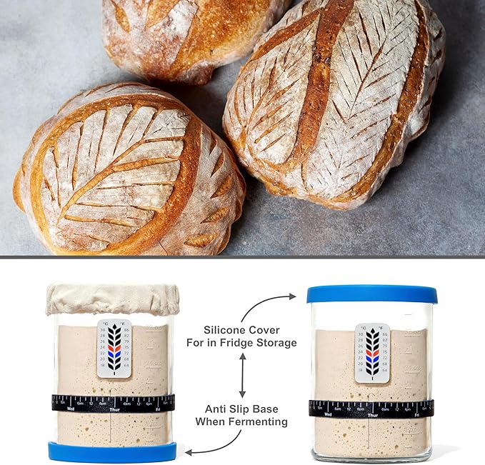 Premium Sourdough Starter Jar - 40oz Large Sourdough Jar with Marked Feeding Band, Scraper, Cloth Cover and Silicone Lid/Base, Wide Mouth Starter Kit - Blue