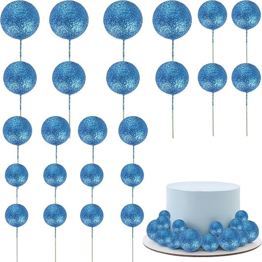 24 PCS Ball Cake Toppers Glitter Balls Cupcake Toppers Foam Ball Shaped Cake Picks DIY Balloons Cake Insert Topper for Wedding Enagement Baby Shower Birthday Party Cake Decorations Supplies Blue
