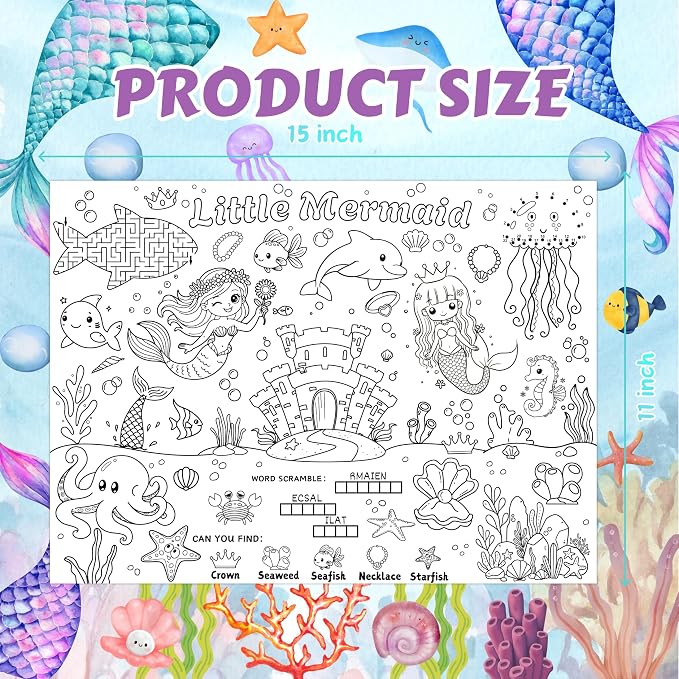 45pcs Mermaid Disposable Coloring Placemats Magical Mermaid Crafts for Kids Party Favors Coloring Poster Princess Birthday Party Supplies Classroom Activities Paper Table Mats
