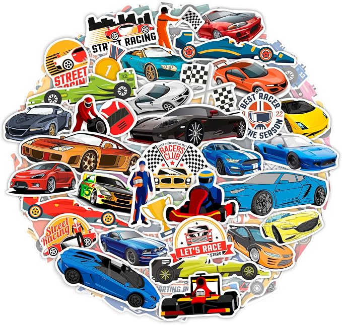 BulbaCraft 100Pcs Race Car Stickers, Racing Stickers and Decals, Race Car Party Supplies, Racing Gifts, Gifts for Women & Men