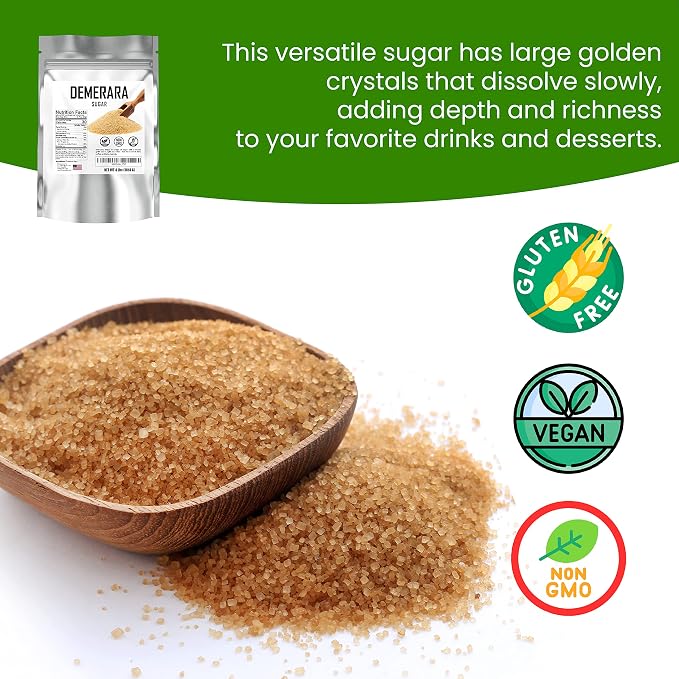 Bulk Demerara Sugar 4 lbs. Pure Unrefined Brown Crystals for Baking and Cooking. Value Size Bag.