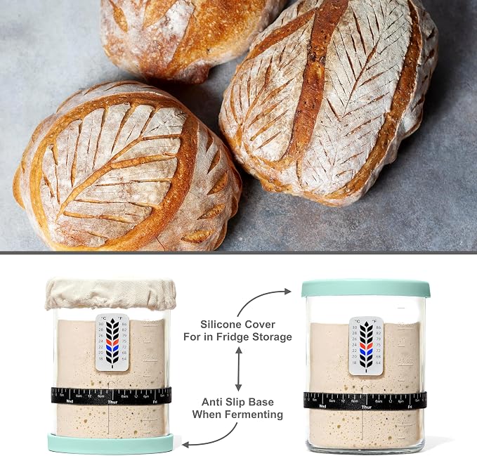 Premium Sourdough Starter Jar - 40oz Large Sourdough Jar with Marked Feeding Band, Scraper, Cloth Cover and Silicone Lid/Base, Wide Mouth Starter Kit - Mint