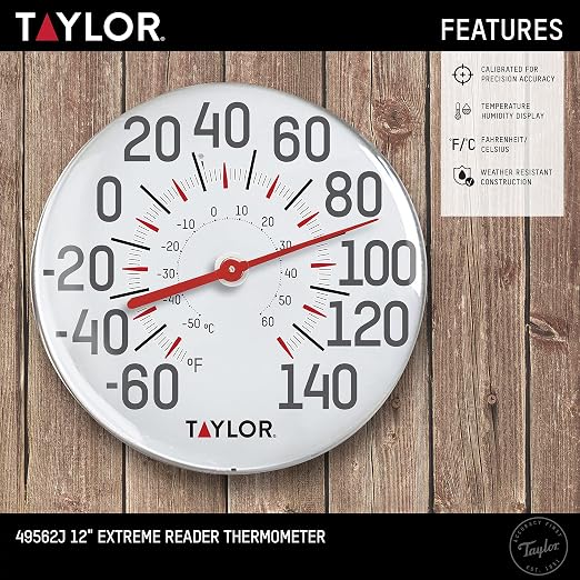 Taylor Metal Wall Indoor Outdoor Thermometer, Wireless Thermometer with Easy to Read Large Numbers for Patio, Pool, and Indoor Areas, 12-inch, White