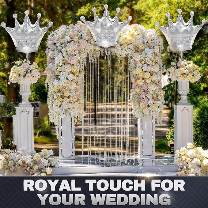 3Pcs Silver Crown Balloons – Reusable Foil Silver Balloons Set in Large 39" Size, Self-Sealing & Easy to Inflate, Durable – Suitable for Weddings, Birthday Celebrations & Princess Theme Decorations