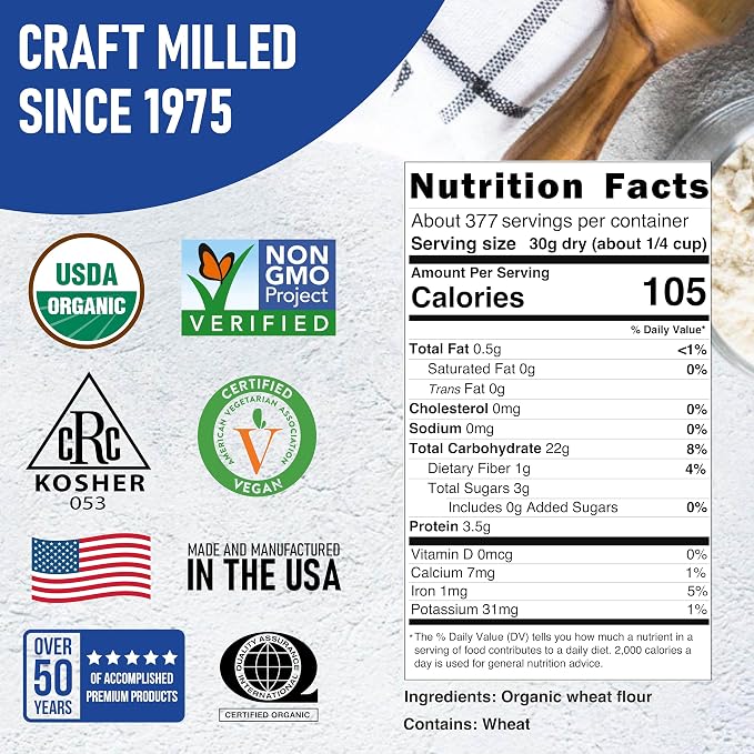 Great River Milling Organic Unbleached Wheat Bread Flour | Artisan Bread Flour for Baking | Multi-Purpose Wheat, Unbromated, Non-GMO, Kosher | 25 Lb (Pack Of 1)