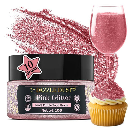 Dazzle Dust Edible Glitter Sprinkles for Cake Decorating, Drinks, Cookie, Icing, Dessert Decorations, Sparkly Luster, Food-Grade, Vegan, Gluten Free, Kosher, Bulk 10g, Pink