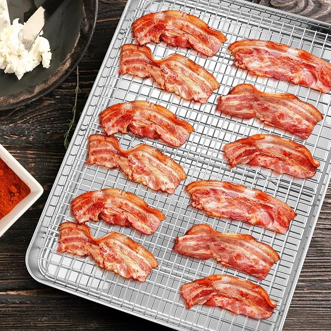 Cooling Rack Set of 2, E-far 1/2 Sheet Baking Racks for Oven Cooking Roasting Grilling, Stainless Steel 16.6” x 11.6” Wire Rack for Cookie Cake Bacon Meat Resting, Non-toxic Metal & Dishwasher Safe