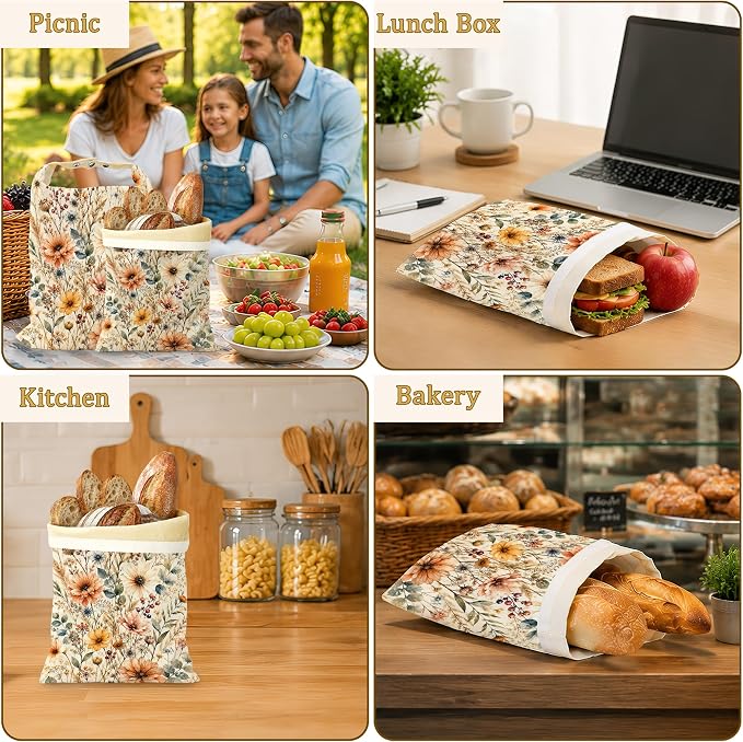 2 Pack Beeswax Linen Boho Flowers Bread Bags, Botanical Leaves Reusable Fresh Keeping Bags for Sourdough & Baguette, Freezable Portable Bread Storage Container 17×13''
