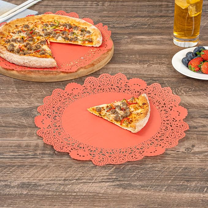 Restaurantware Pastry Tek 12 x 12 Inch Lace Doilies 100 Decorative Tableware Placemats - Disposable Round Red Paper Table Doilies For Birthdays Or Weddings Table Decor