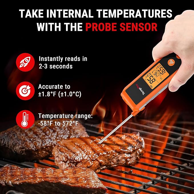 TempPro TP420 2-in-1 Instant Read Thermometer for Cooking, Infrared Thermometer with Meat Probe, Non-Contact Laser Meat Thermometer for Griddle Grill Pizza Oven HVAC Pool, Gift for Dad Husband