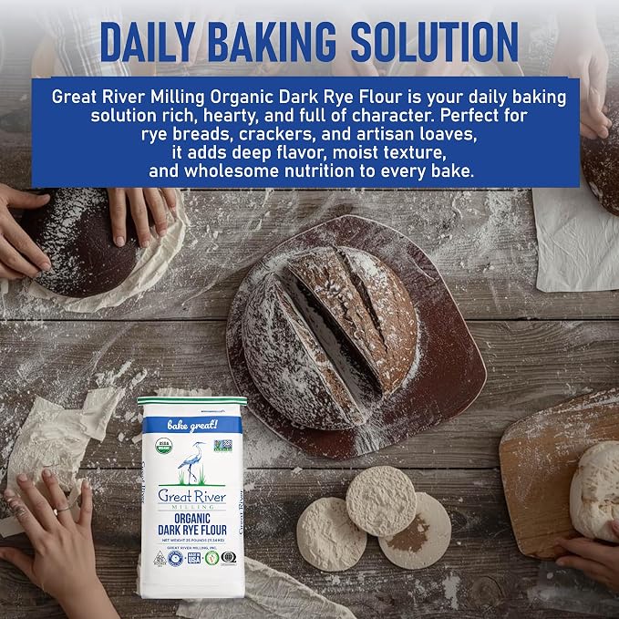 Great River Milling Organic Dark Rye Flour | Whole Grain, Non-GMO, Kosher, Unbromated | Earthy Flavor for Rye Bread, Sourdough Starter, Bagels, Crackers & Artisan Baking | 25 Lb