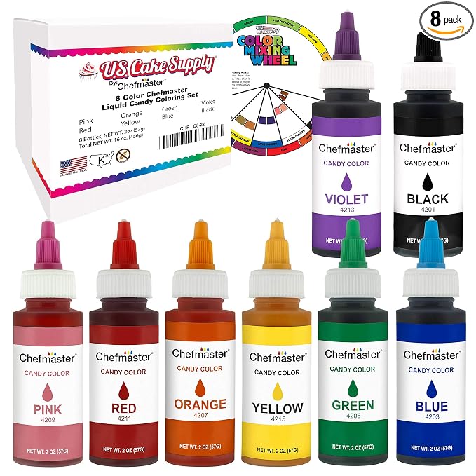 U.S. Cake Supply Large 2-ounce Bottles of each Liquid Candy Food Color 8 Bottle Kit with Mixing Wheel for Chocolate and Candy Coloring