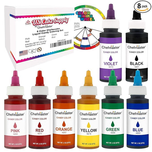 U.S. Cake Supply Large 2-ounce Bottles of each Liquid Candy Food Color 8 Bottle Kit with Mixing Wheel for Chocolate and Candy Coloring