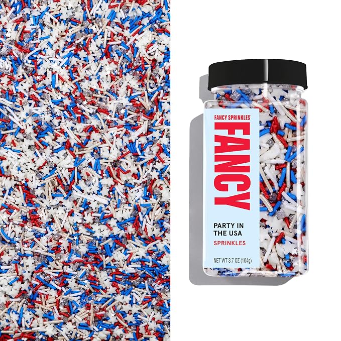 Fancy Sprinkles Party in the USA Sprinkles | Red, White, Blue & Silver Jimmies, Glitter Stars & Metallic Hexagons | 4th of July Cake & Cookie Decorating | 1 Pack (0.5c)