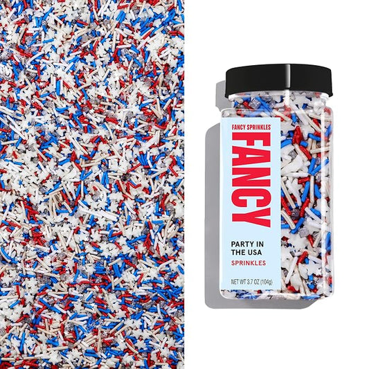 Fancy Sprinkles Party in the USA Sprinkles | Red, White, Blue & Silver Jimmies, Glitter Stars & Metallic Hexagons | 4th of July Cake & Cookie Decorating | 1 Pack (0.5c)