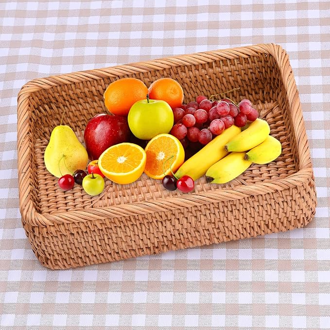 TITA-DONG Rattan Storage Baskets Rectangle Woven Bread Basket Rectangular Wicker Serving Organizer Tray Rattan Fruit Basket, Stackable Wicker Organizer for Kitchen Countertop Bathroom Living Room(L)
