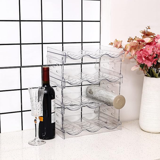 IEEK 4 Pack Stackable Wine and Water Bottle Holder Free-Standing Fridge Wine Bottle Organizers Clear Plastic Water Bottle Holder for Cabinet,Refrigerator,Pantry,Kitchen Countertops,Holds 12 Bottles