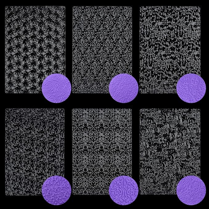 Ocmoiy 6 Pack Fondant Texture Sheets Floral Cake Impression Mats Rose Vine Lace Fondant Embossing Molds for Cake Decorating, Chocolate, Gum Paste, Wedding Cookies