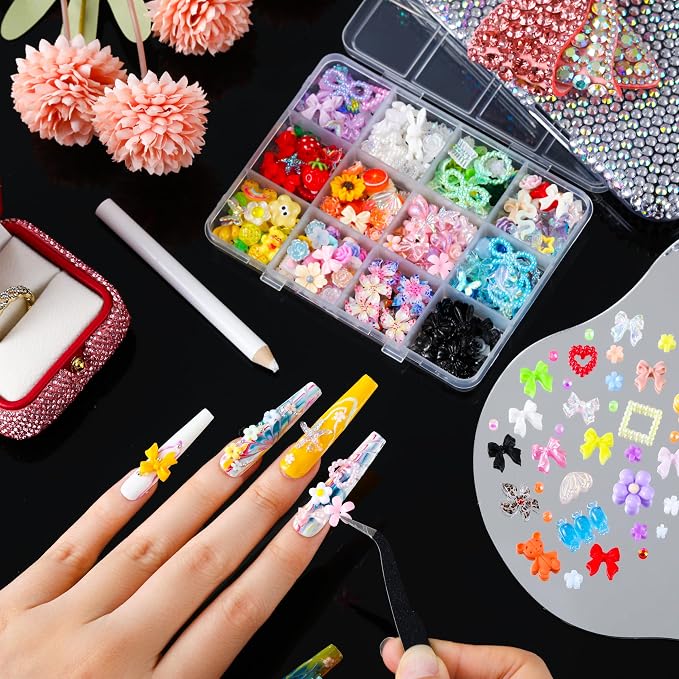 Bedazzling Kit – 5 Boxes 3D Nail Art Accessories: Multi-Colored Resin Rhinestones 24 Colors, Resin Flowers, Bowknot & Mixed Nail Decorations, 12-Grid Storage, DIY for Manicure & Nail Art