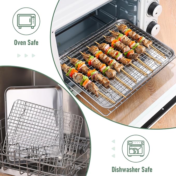 Homikit Baking Sheet with Wire Rack Set (1 Pan+1 Rack), 12" x 10" Stainless Steel Quarter Sheet Pan with Grid Cooling Rack for Toaster Oven Roasting, Metal Bacon Cookie Trays Nonstick Jelly Roll Pan