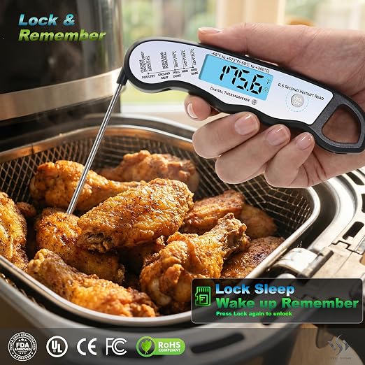 0.6S Instant Read Digital Meat Thermometer Pen for Outdoor BBQ, Grilling, Smoking, Oven Baking, Oil, Candy with Factory-Calibrated Waterproof Magnetic Backlit Flip Display, Motion Sensor.