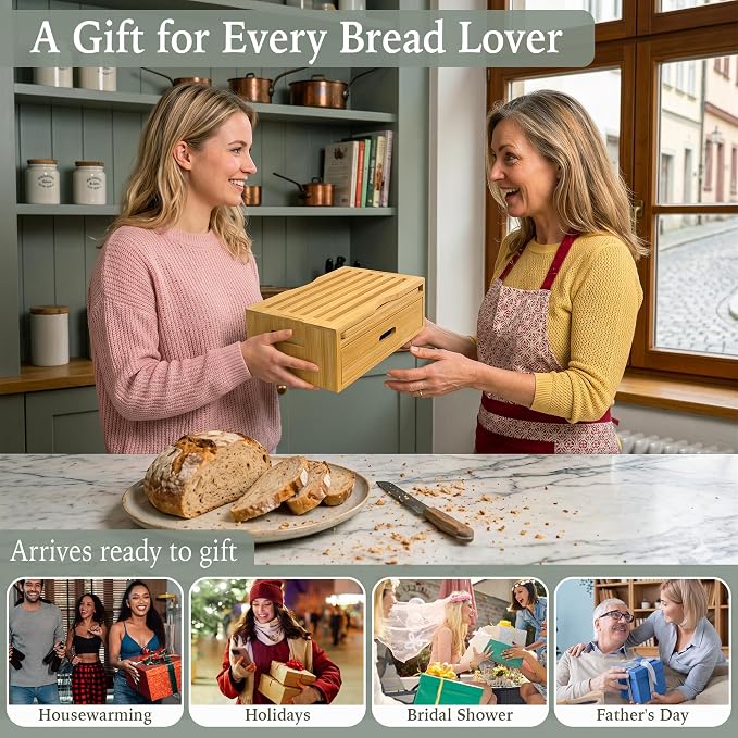 Bamboo Bread Slicer for Homemade Bread, Adjustable Cutter Guide with Crumb Tray, Storage Drawer and Serving Board, Compact Slicing Tool for Even Sourdough and Sandwich Loaf Cuts