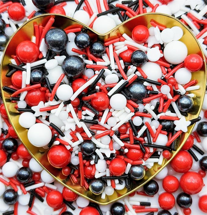 CandiJumpin Black White and Red Pearl Sprinkles, Edible Pearls and Jimmies Mix Red White and Black Sprinkles Crunchy Jimmies Edible Pearls for Cake Decorating Halloween Pearl Decoration for Baking Baby Shower Party Birthday Wedding Christmas Supplies 3 OZ