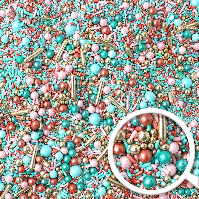 Sprinkle Pop Old Hollywood Sprinkle Mix| Light Pink Blue Teal Rose Gold Sprinkles with Vintage Rose Gold Dragees| Wedding Bridal Shower Sprinkles Made in USA for Cakes Cupcakes Cookies Donuts, 2oz