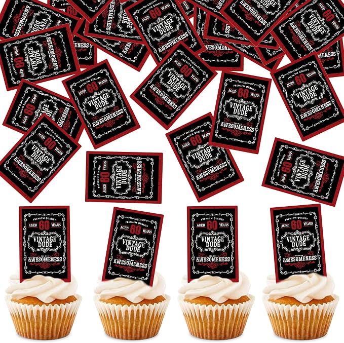 40Pcs Edible Rectangle Aged to 60 Years Card Cupcake Toppers Edible Black Red 60 Vintage Dude Awesomeness Cupcake Picks Drink Toppers for 60th Vintage Birthday Anniversary Party Decorations