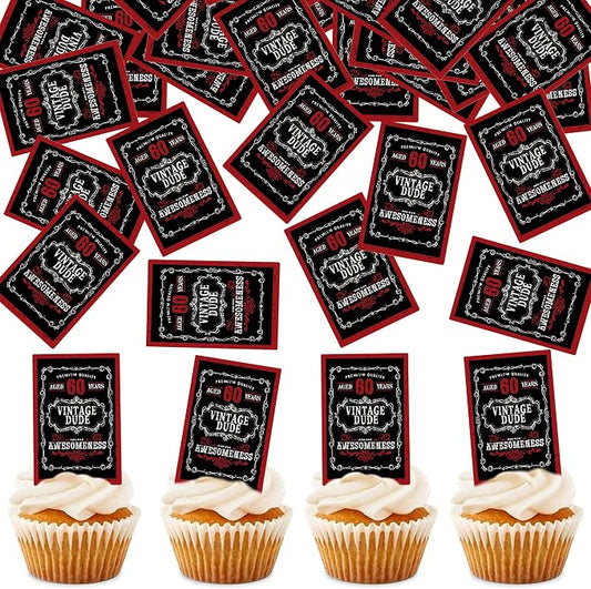 40Pcs Edible Rectangle Aged to 60 Years Card Cupcake Toppers Edible Black Red 60 Vintage Dude Awesomeness Cupcake Picks Drink Toppers for 60th Vintage Birthday Anniversary Party Decorations