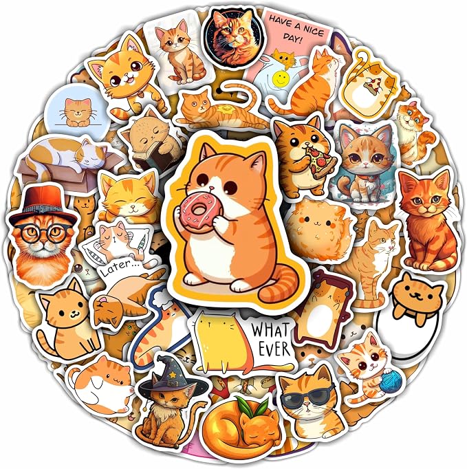 BulbaCraft Orange Cat Stickers for Water Bottle and Laptop - Orange Cat Party Supplies & Decorations, Waterproof Vinyl Decals, Cute Animal and Pet Stickers, Gifts for Women & Men