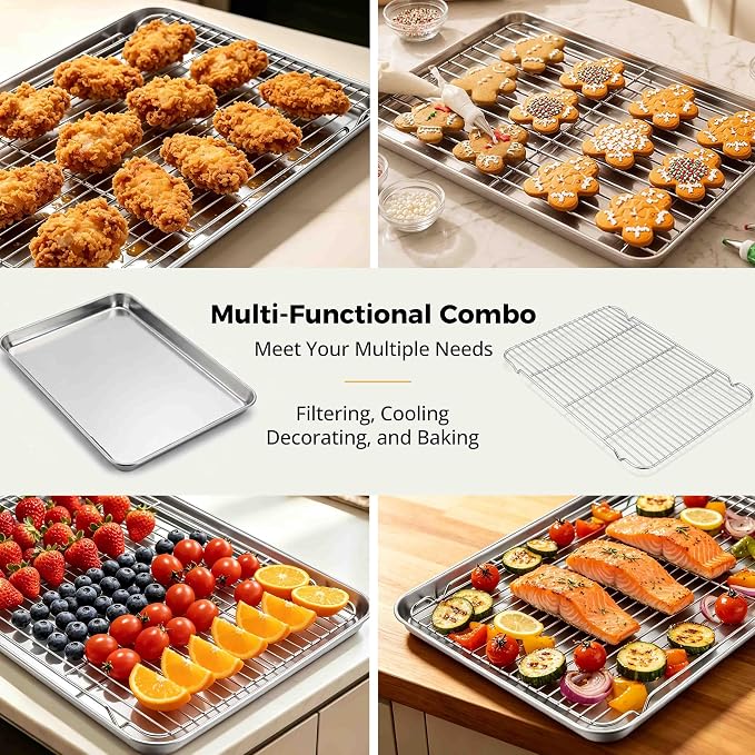 Onader Large Baking Cookie Sheet with Cooling Rack Set, Stainless Steel Baking Sheet Pan, 19⅝ x 13¾ Inch Metal Oven Baking Tray, Nonstick & 1 Inch Deep, 2-Pack (Includes 2 Pans + 2 Racks)