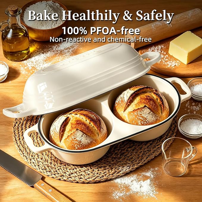 Dutch Oven For Sourdough Bread Baking – Enameled Cast Iron Dutch Oven Pot with Lid, Double Bread Loaf Pan – 500°F Oven Safe Non Stick Bread Pot for Homemade Bread, Meatloaf, Cake–Round Loaf Space, Even Heating– Cream White