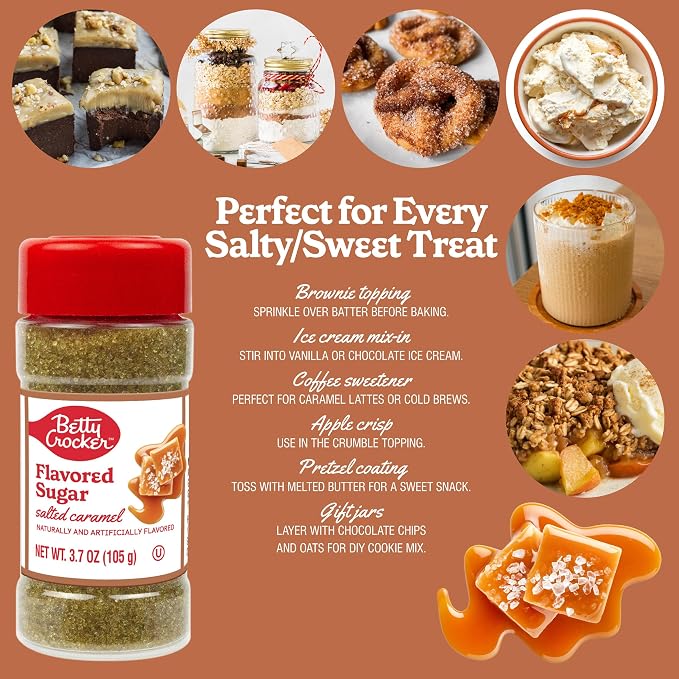 Betty Crocker Salted Caramel Flavored Sugar – Sweet and Salty Finishing Sugar Topping for Cookies, Coffee & Treats, 3.7 oz