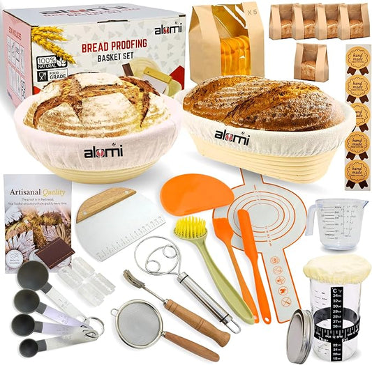 Sourdough Starter Kit for Beginners, Complete Bread Making Kit with Banneton Proofing Baskets, Glass Starter Jar, Scoring Lame & Tools, Easy Homemade Artisan Bread Baking Set