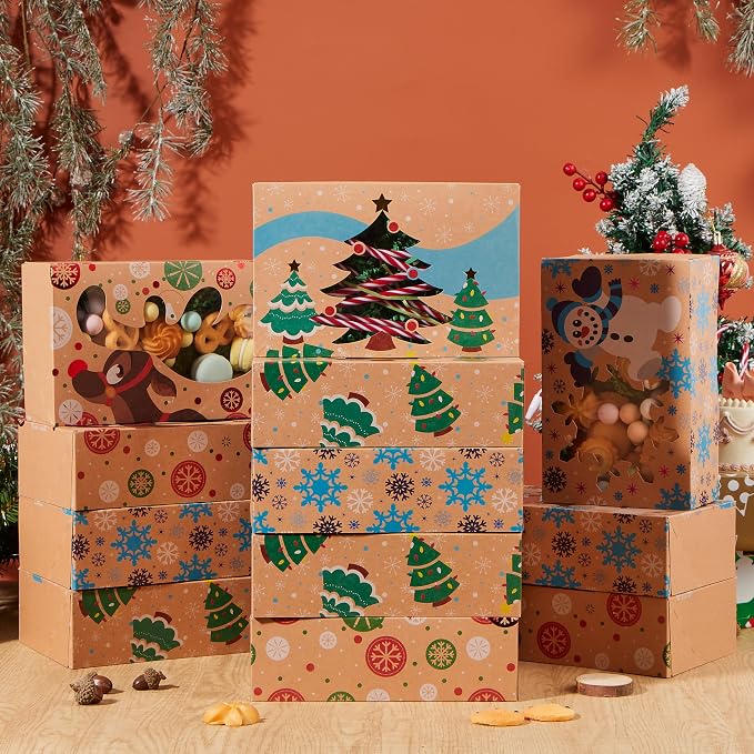 JOYIN 12PCS Christmas Cookie Boxes for Gift Giving, 8.75" x 5.75" x 2.75" Xmas Holiday Treat Cookie Tin with Window, 3 Designs Brown Foiled Kraft Bakery Box for Pastries, Cupcakes, Brownies, Doughnut