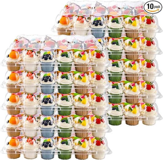 NPLUX 24 Count Cupcake Containers 10 Pack Cupcake Holders with Detachable Tall Dome Lids Clear Plastic Stackable Cupcake Boxes for 240 Cupcakes, BPA Free, Standard Size