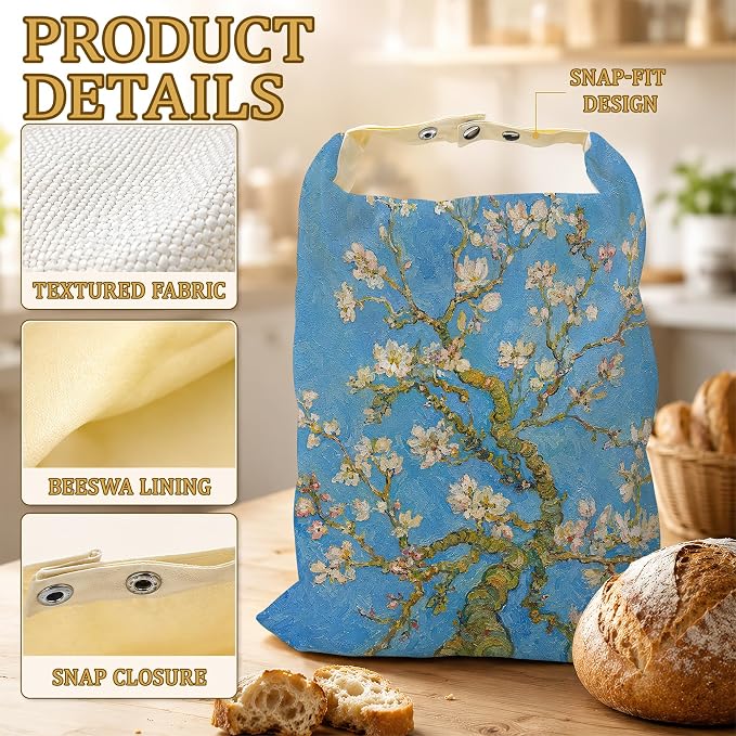 Blossoming Almond Tree Bread Bags for Homemade Bread, 2 Pack Linen and Beeswax Sourdough Storage Bags, Reusable Keeper, Keeps Breads Fresh Longer, Gifts for Bakers