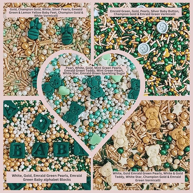 Confect Neutral Baby Shower Sprinkles | Mix Sage Green, Pearl, Lavander & Gold Sprinkles | Gender Reveal Sprinkles | Birthday Sprinkle | Assorted Pack of 5 Edible Sprinkle | Vegan, Gluten-Free, Nut-Free, Soy-Free, Dairy-Free, Palm Oil-Free - 5 Oz