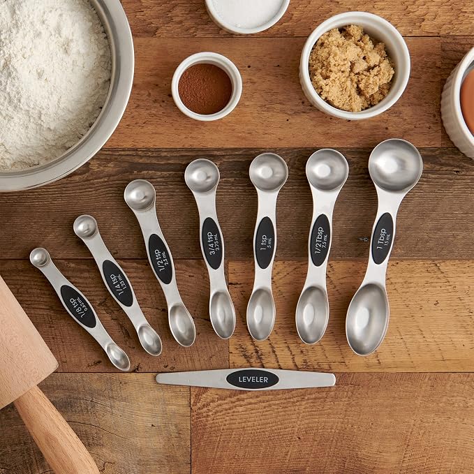Mrs. Anderson’s Baking Dual-Sided Magnetic Measuring Spoons and Leveler, Heavyweight Stainless Steel, 8-Piece Set