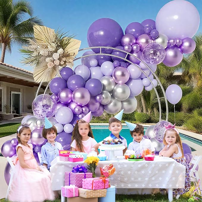 144Pcs Purple Silver Balloon Arch Garland Kit, 18/12/10/5 Inch Lavender Latex Metallic Confetti Silver Balloon Garland For Birthday Wedding Anniversary Graduation Engagement Baby shower Decorations