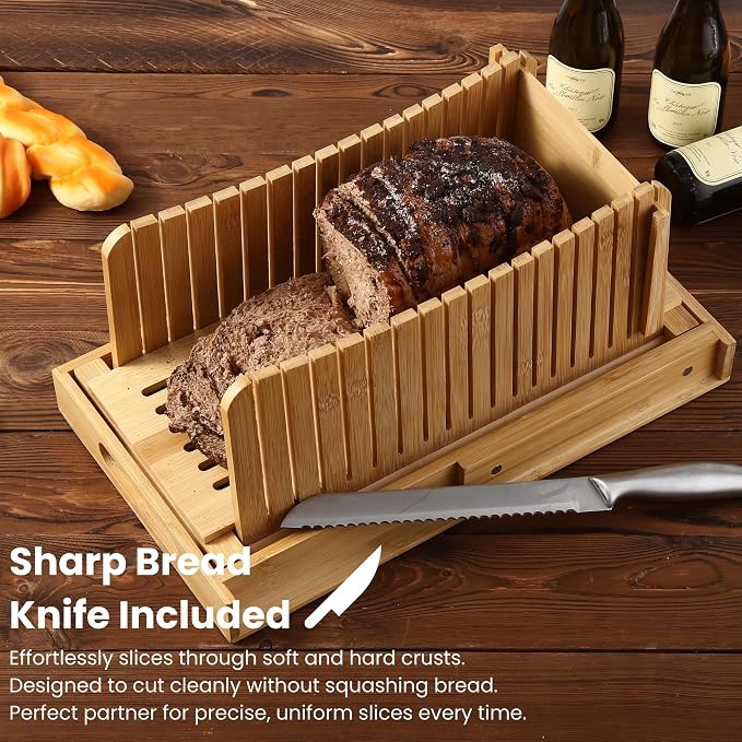 Bread Slicer with Knife – Adjustable Bread Slicer for Homemade Bread, Wooden Bread Cutter, Compact Bread Cutter for Homemade Bread, Easy-to-Use Bread Cutting Guide