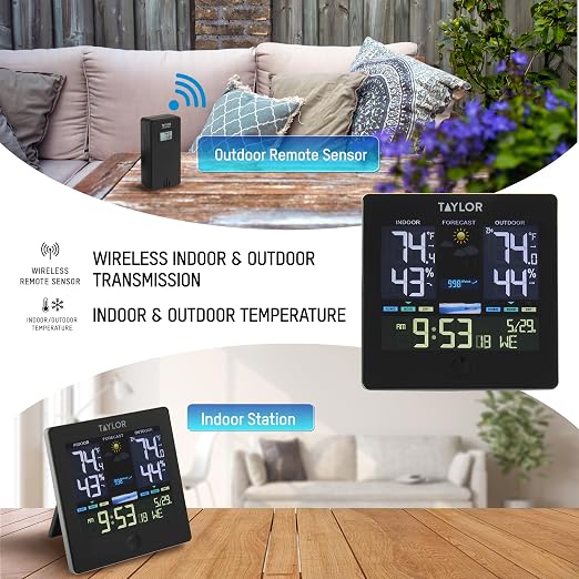 Taylor Digital Wireless Deluxe Indoor Outdoor Thermometer, Weather Station Forecaster, Calendar with Clock, Easy-to-Read Display for Home, Office, Greenhouse, Nursery, and Indoor Areas, LCD, Black
