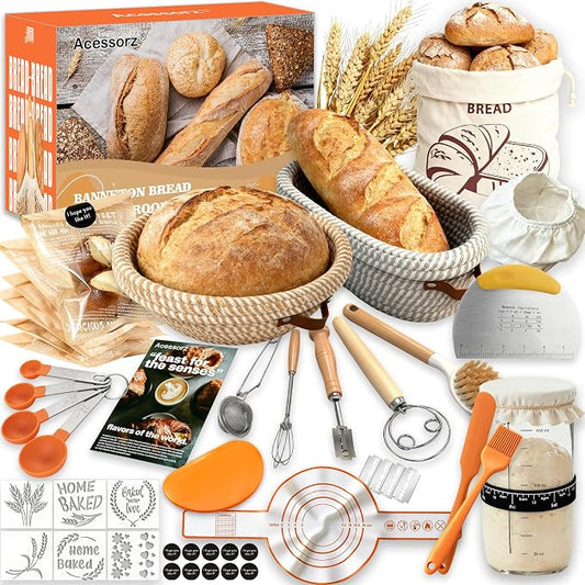 Sourdough Bread Baking Supplies,Sourdough Starter Kit,2 Cotton Rope Banneton Proofing Basket,Bread Proofing Basket Making Tool Kit,Sour Dough Kit Tools,Baking Gifts for Women,Bakers,Wife,Mom