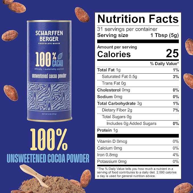 Scharffen Berger 100% Cacao Unsweetened Dark Chocolate Cocoa Powder (6 Ounce, Pack of 6) - Gluten Free, Non GMO, Natural Chocolate Powder