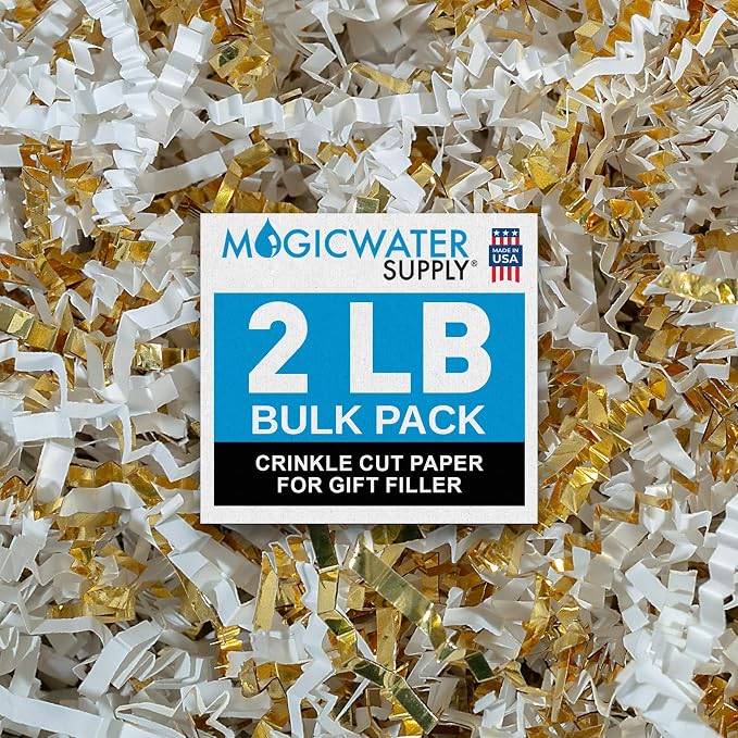 MagicWater Crinkle Cut Paper for Gift Baskets - 2LB - White & Gold - Perfect for Shredded Paper Filler, Basket Filler, Gift Boxes, Bridesmaid Gifts, Christmas Stuffers & More – Ideal for All Occasions