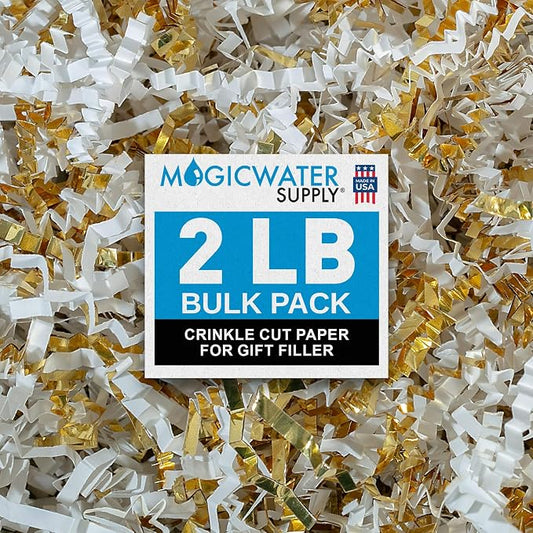 MagicWater Crinkle Cut Paper for Gift Baskets - 2LB - White & Gold - Perfect for Shredded Paper Filler, Basket Filler, Gift Boxes, Bridesmaid Gifts, Christmas Stuffers & More – Ideal for All Occasions