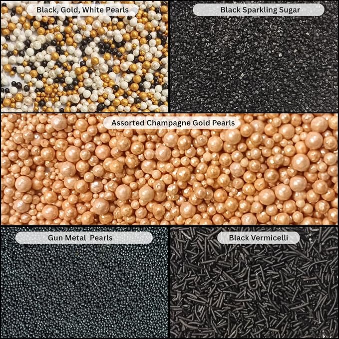 Confect Masquerade Sprinkles Mix – Champagne Gold & Black Pearl Dragees, Black Jimmies & Sparkling Sugar | Edible Sprinkles for Cakes, Cupcakes & Desserts | Vegan, Gluten-Free, Nut-Free, Soy-Free, Dairy-Free, Palm Oil-Free- 5 Oz